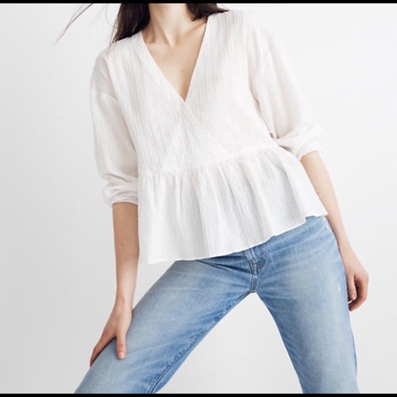 Madewell Bubble Sleeve Striped Peplum Top Sz L - Picture 2 of 8
